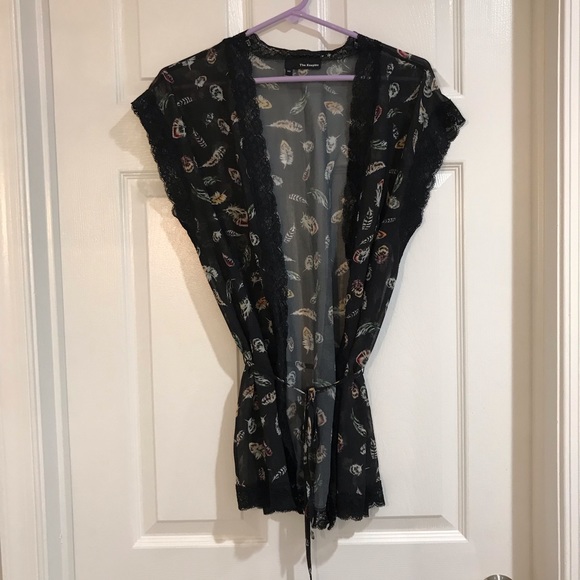 THE KOOPLES Feather Print Lace Trim Open Top - Picture 2 of 8